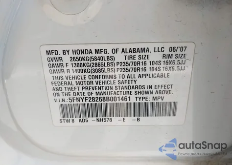 2008 Honda Pilot Vp из США, поврежденный, VIN 5FNYF28268B001461